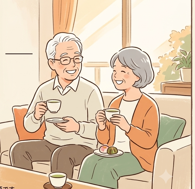仲良くお茶を飲むシニア夫婦のイラスト